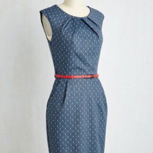 Classy Sheath Dress in Navy Dots with Red Belt